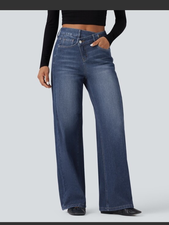 HALARA Denim - Halara Flex Asymmetric HW Washed Casual Baggy Jeans In Estate Blue Denim